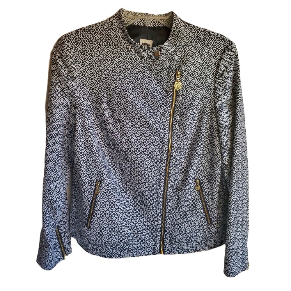 Anne Klein Geometric Print Jacket Women’s Zip Front High Collar Gold Hardware M